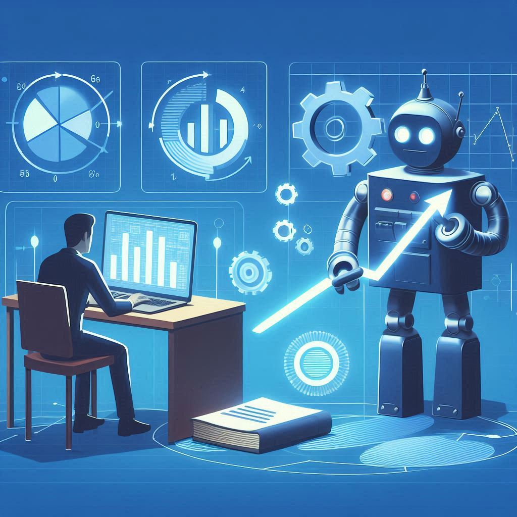 אדם עובד מול מחשב וגרפים המייצגים אוטומציה עסקית